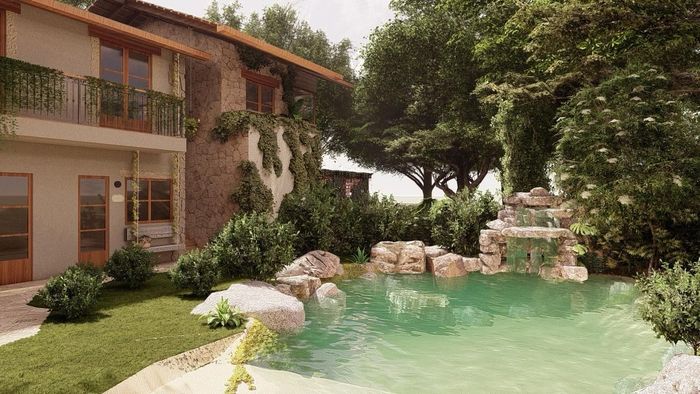 Uma casa com piscina e cachoeira no quintal.