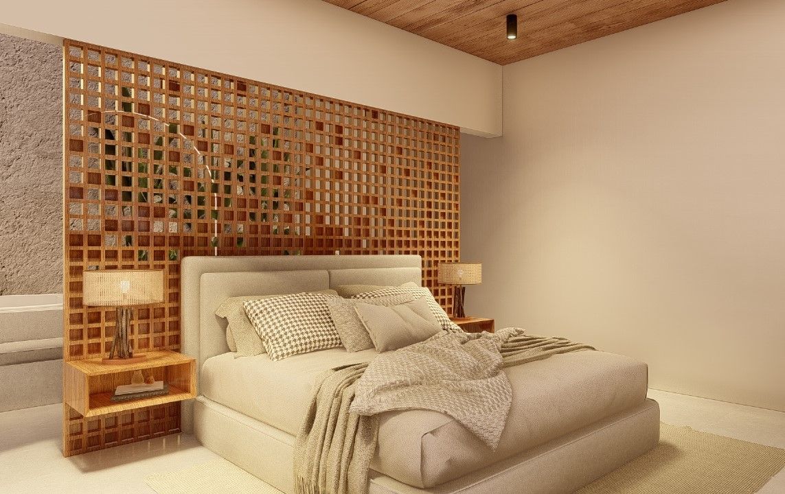 Um quarto com uma cama grande e uma parede de madeira.