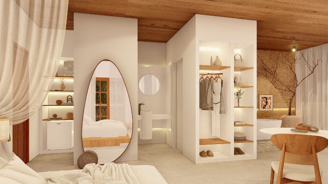 Há um grande espelho no meio da sala.