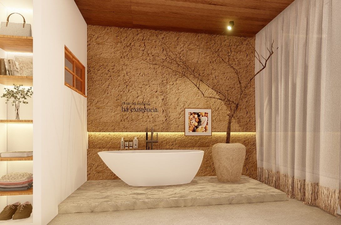 Há uma banheira no meio do banheiro.