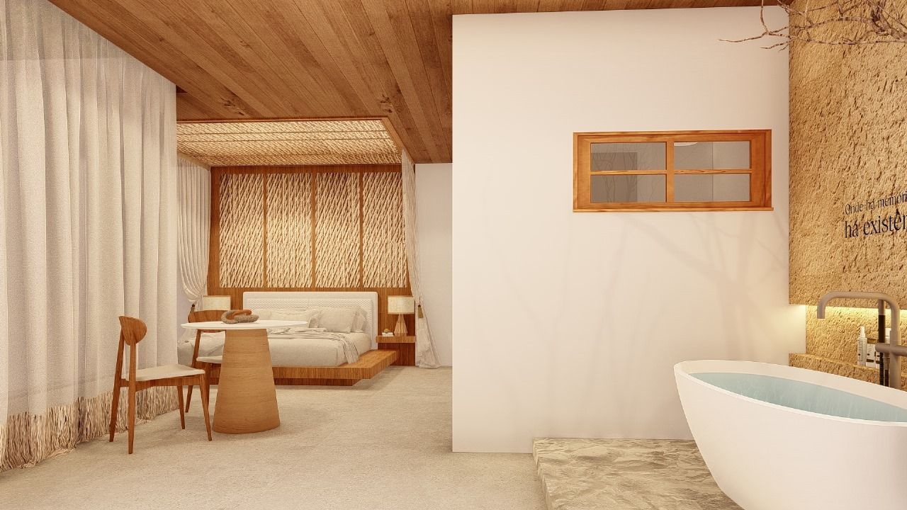 Impressão artística de um quarto de hotel com banheira e cama.