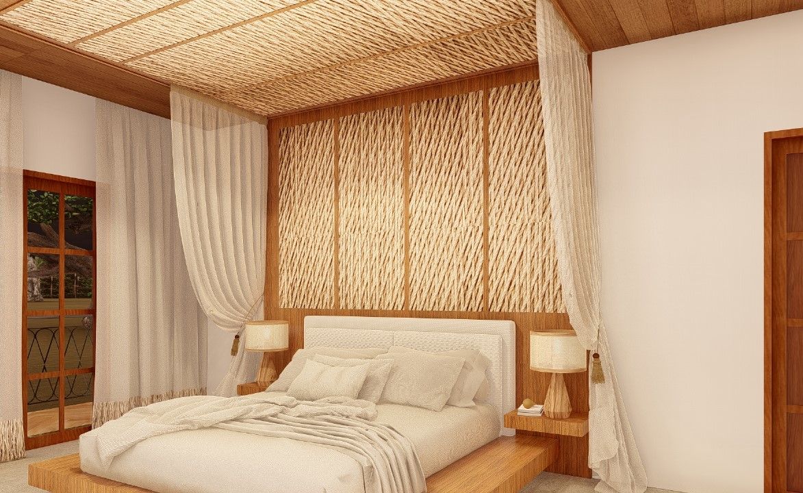 Um quarto com uma cama de dossel e teto de madeira.