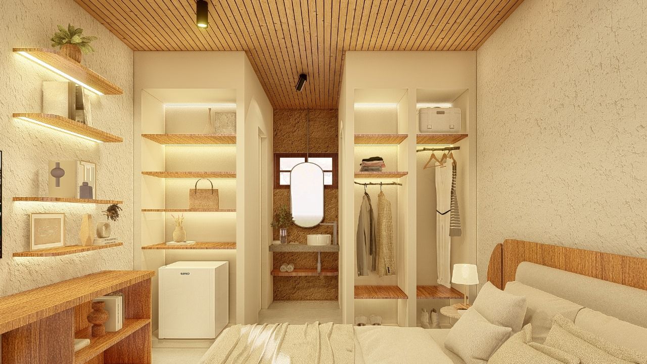 Um quarto com uma cama, prateleiras e um banheiro.