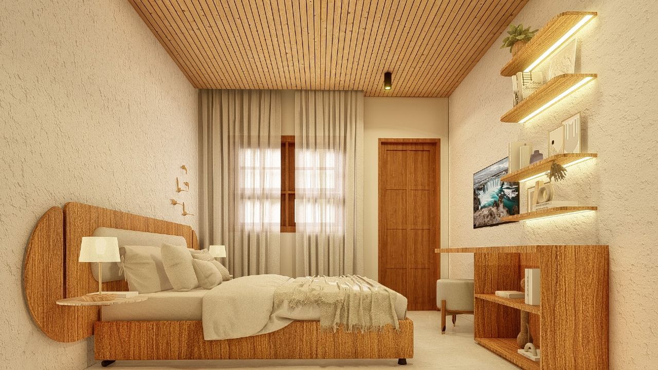 Um quarto com uma cama, prateleiras e uma televisão.