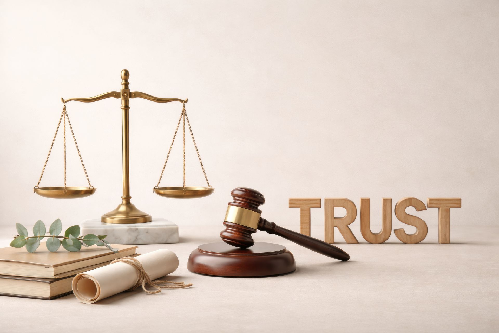 Scales of justice, gavel, stacked books, and scroll, with the word 