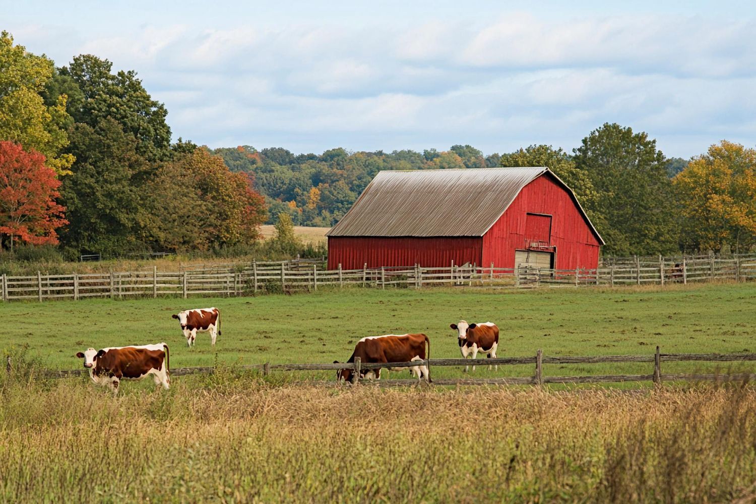 Red barn in a pasture with several cows grazing on a fall day.