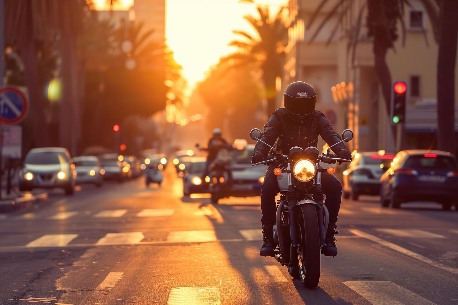 A motorcyclist rides down a city street at sunset, with other vehicles visible in the golden light.