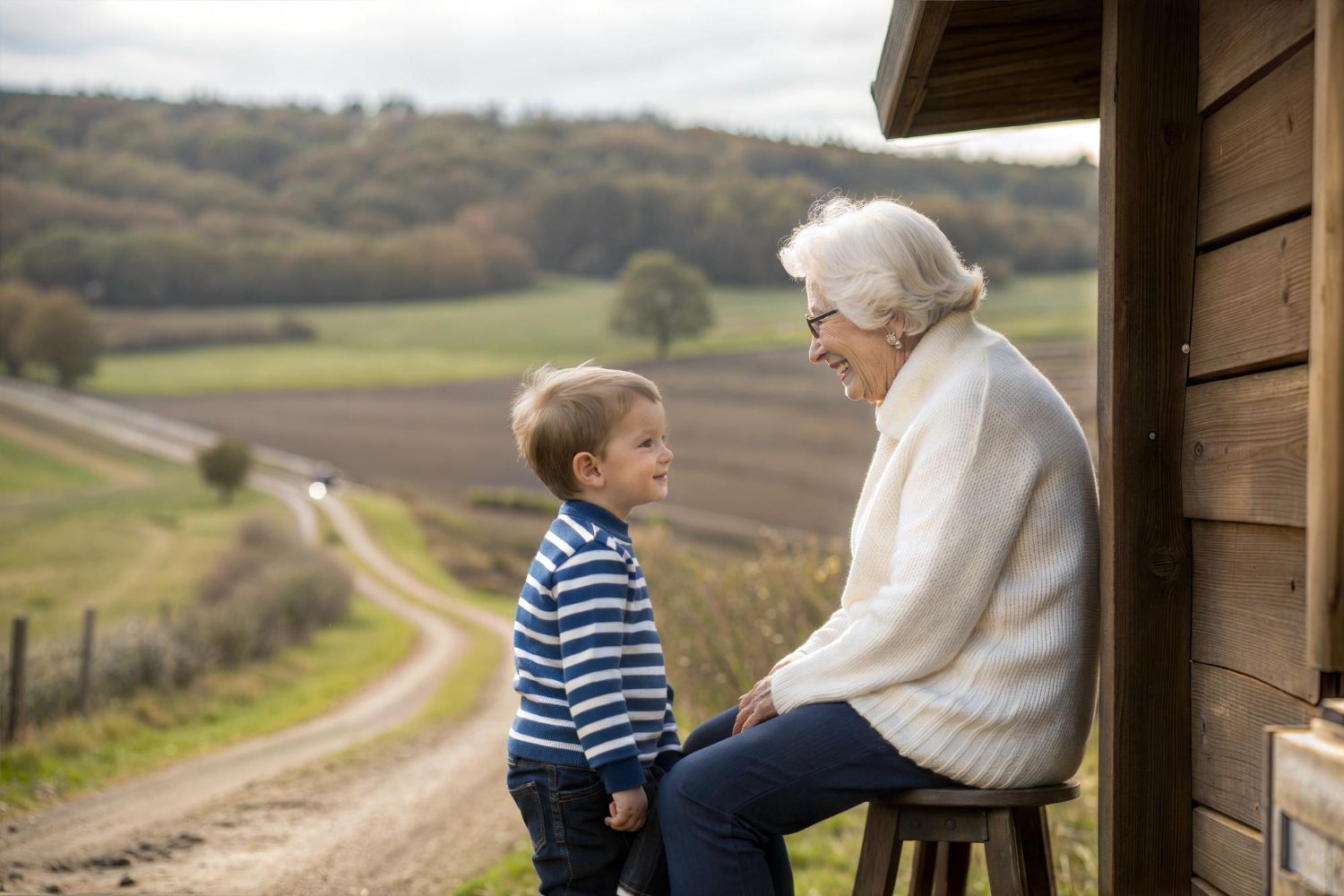 An adult and child sit on a small stool outdoors near a wooden building, smiling at each other with a rural landscape.