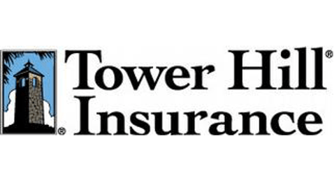 Logo for Tower Hill Insurance featuring a square icon of a stone tower on a blue background next to the company name.