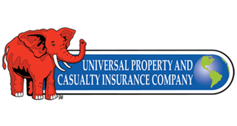 Logo for Universal Property and Casualty Insurance Company featuring a red elephant next to a globe in a blue banner.