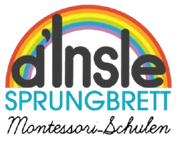 A logo for dinsle sprungbrett with a rainbow in the middle
