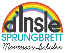 A logo for dinsle sprungbrett with a rainbow in the middle