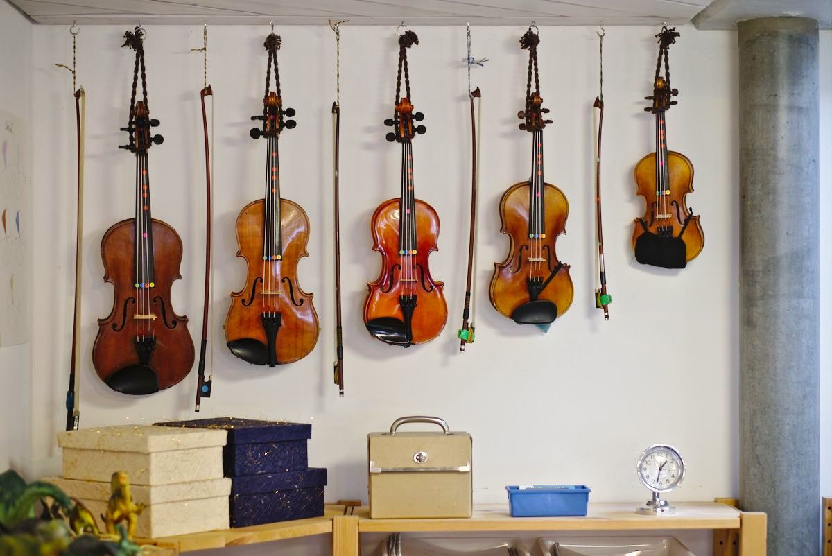 A row of violins hanging on a wall with bows