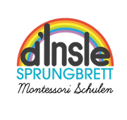 A logo for dinsle sprungbrett with a rainbow in the middle