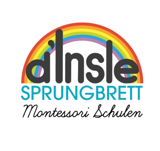 A logo for dinsle sprungbrett with a rainbow in the middle