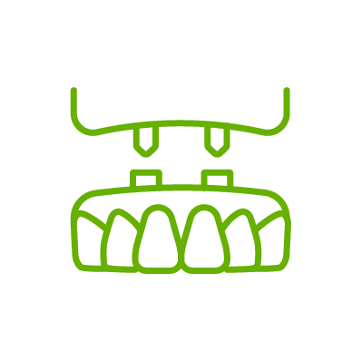 A green line drawing of a denture on a white background.