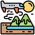 Una ilustración de dibujos animados de un avión volando sobre las montañas.