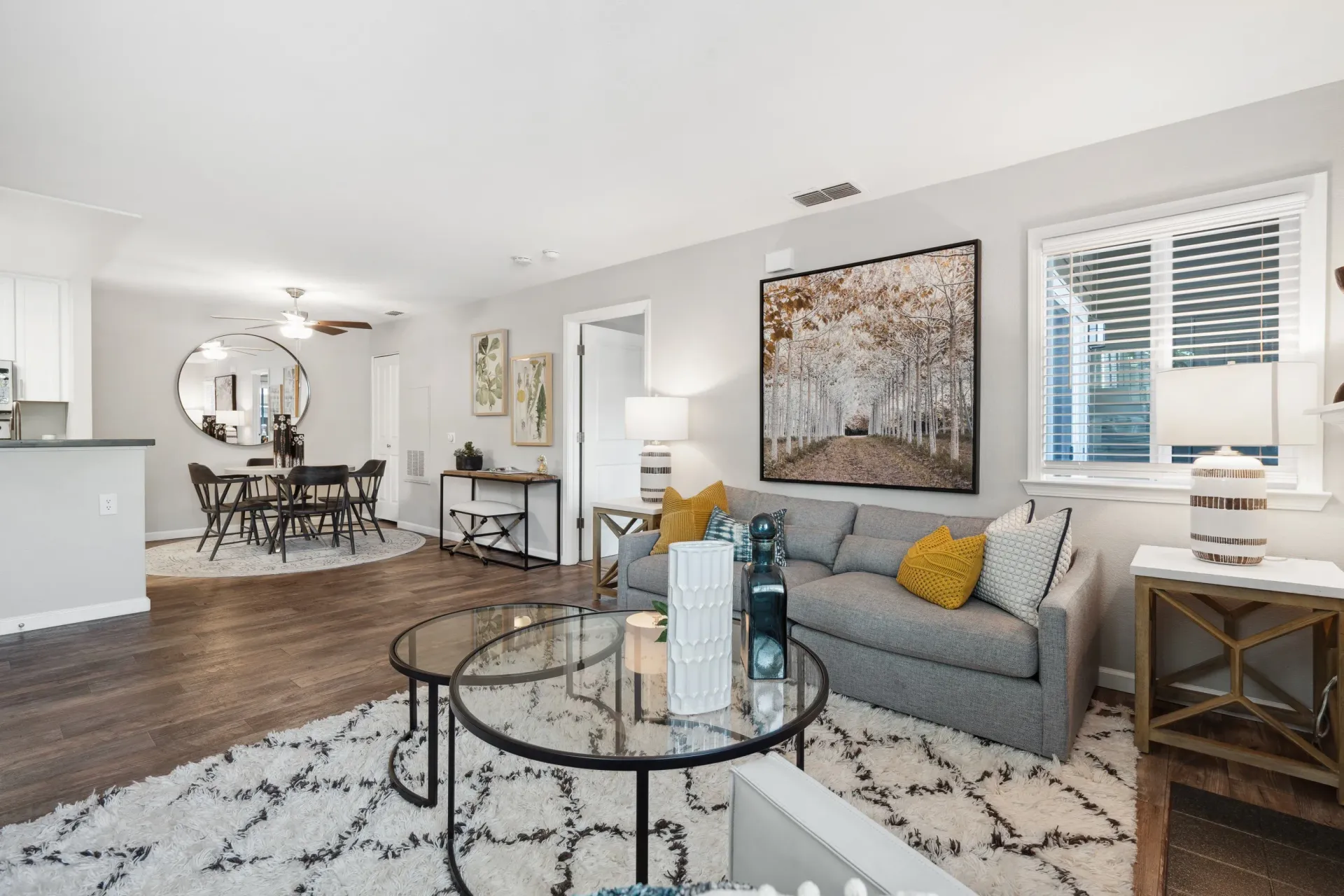 Living room in an apartment featuring a gray sofa, round glass coffee tables, rug, and wall art.