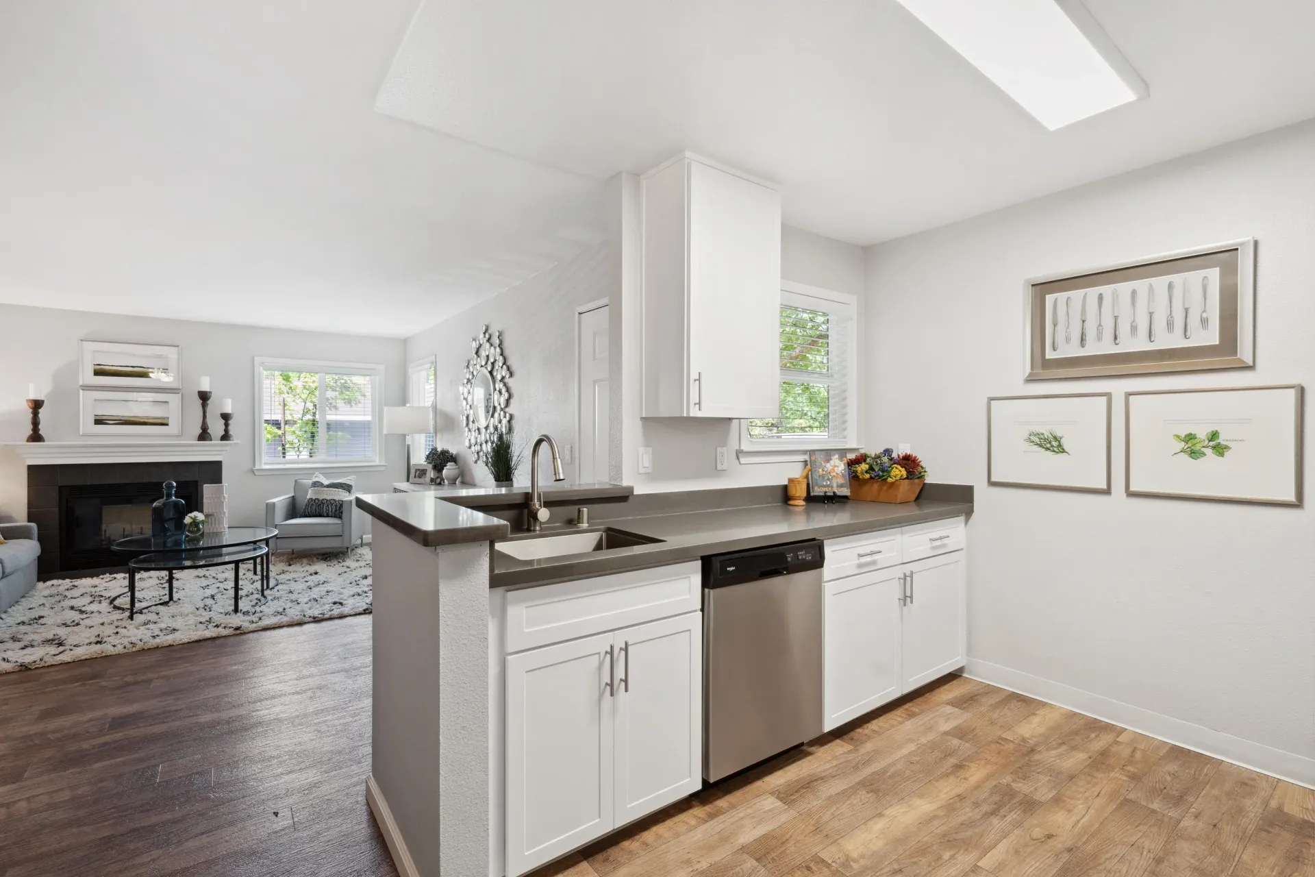 Open-concept kitchen with white cabinets, stainless steel dishwasher, and dark countertop.