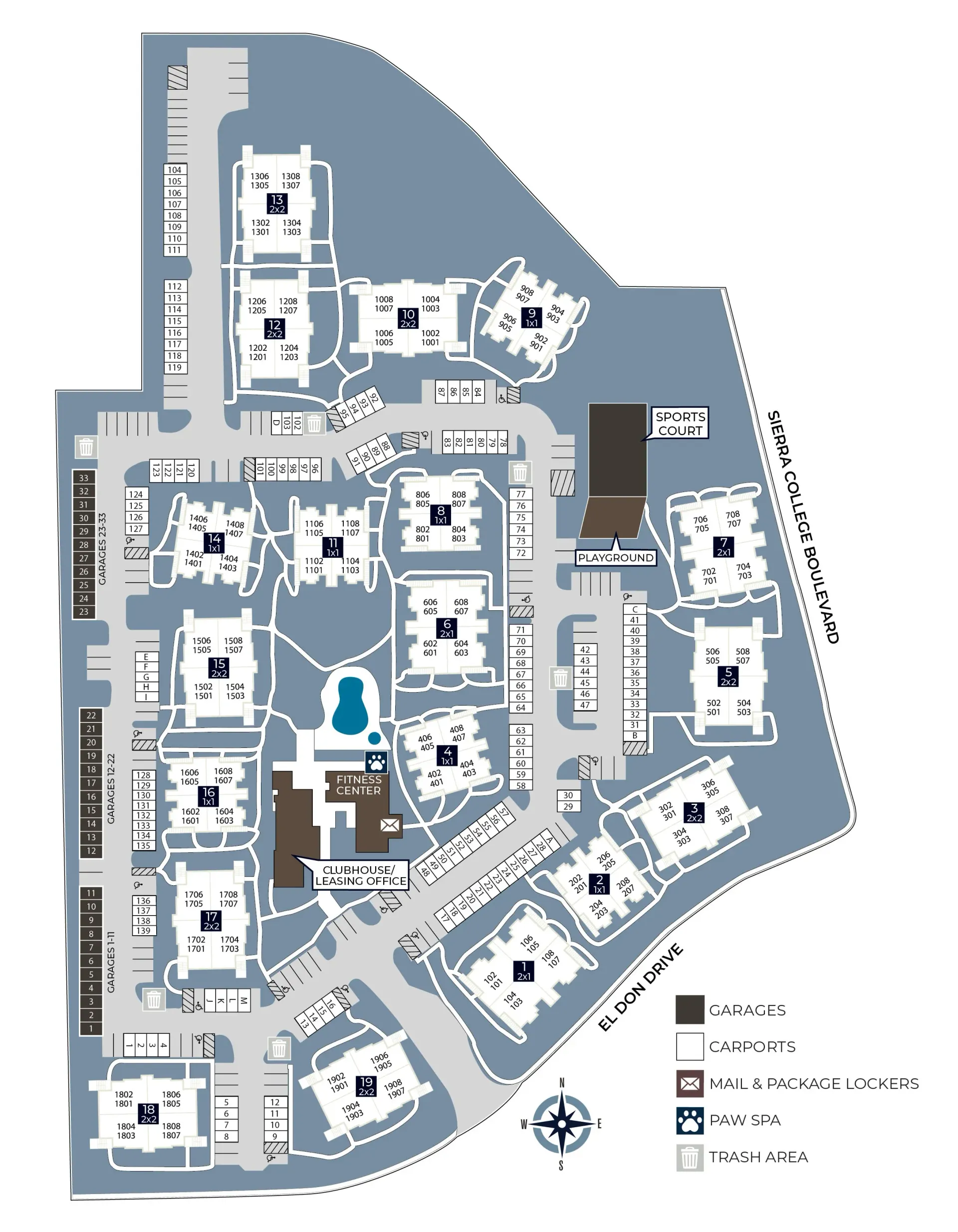 Map of a complex with buildings, roads, a pool, and parking. Dark gray roads, tan buildings, and a blue background.