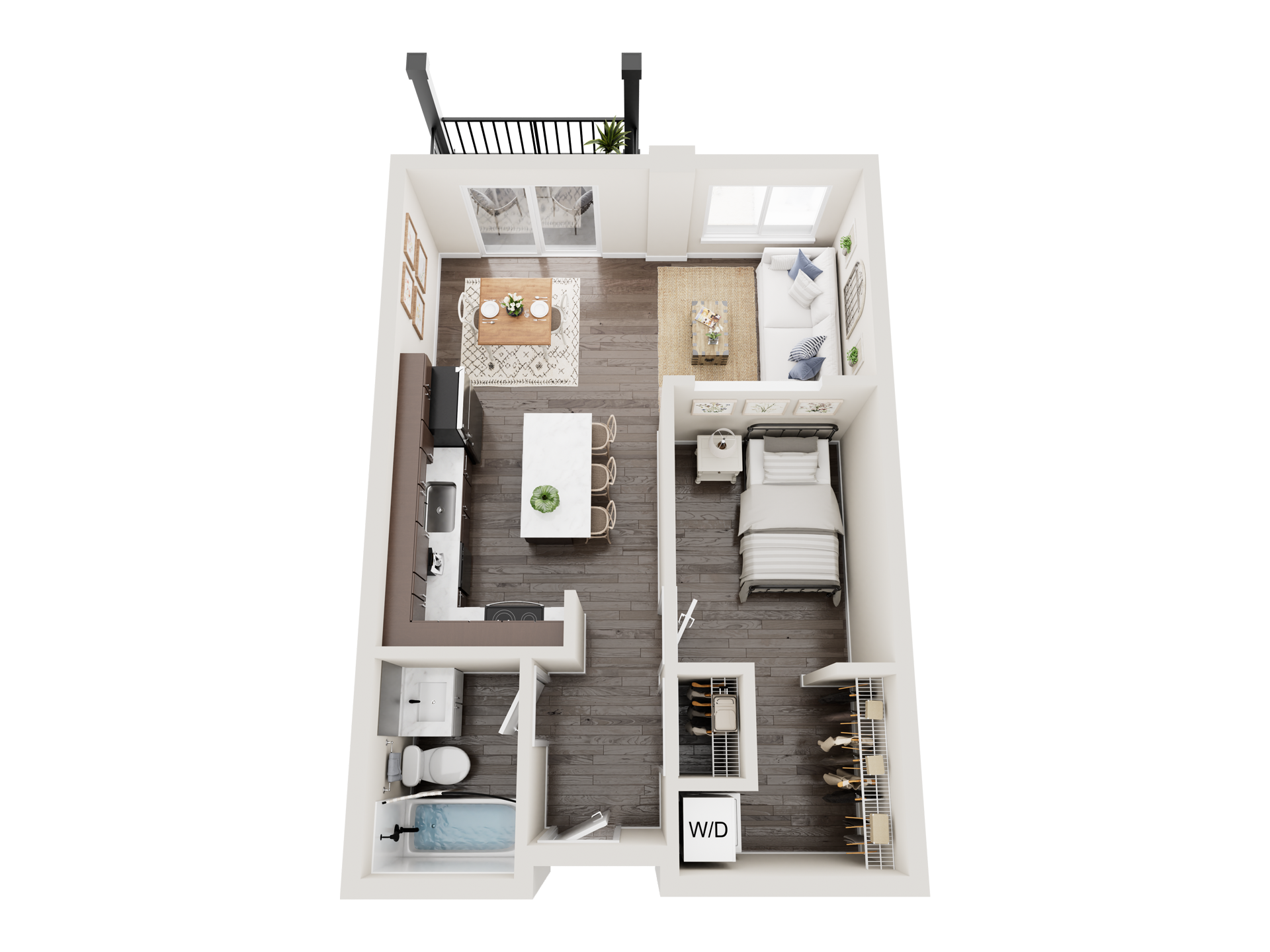 A 3d floor plan of a small apartment with a balcony.