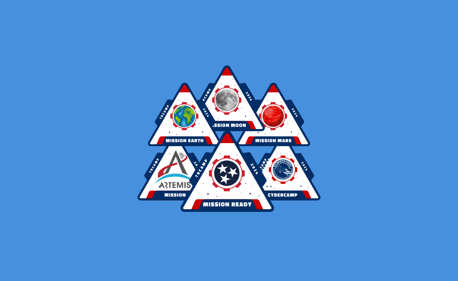 A group of triangles with logos on them on a blue background.
