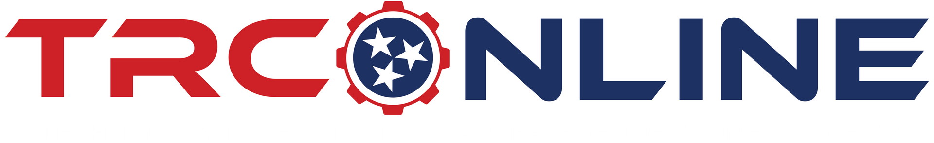 TRC ONLINE logo with red and blue text, cogwheel emblem featuring Tennessee flag.