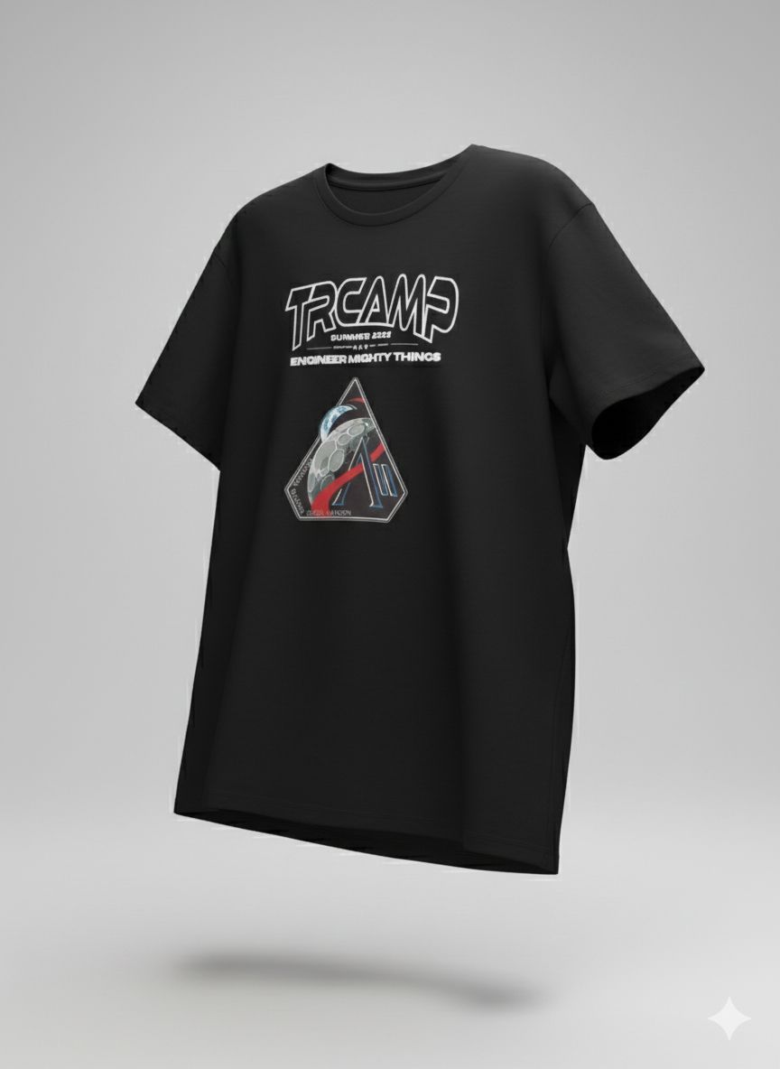 Black t-shirt with TRCAMP logo and design of a robot inside a triangle.