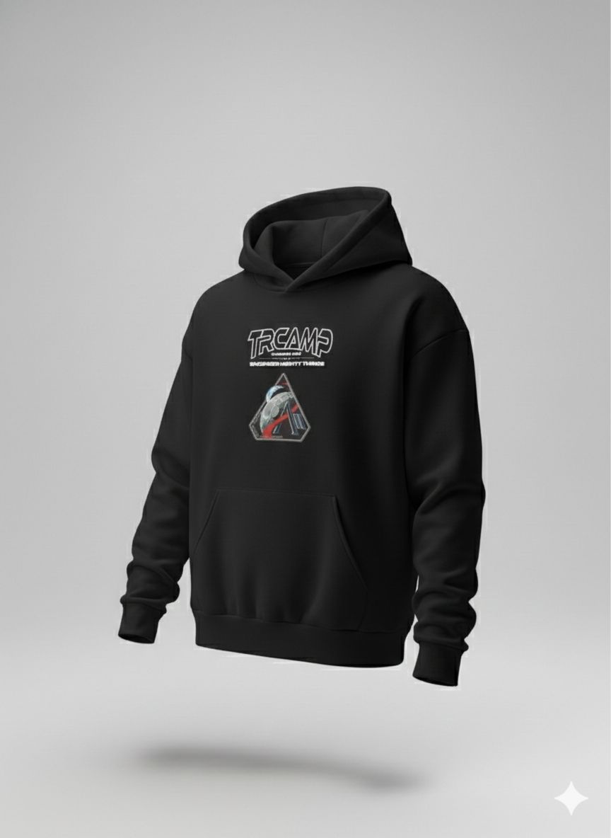 Black hoodie with white text and a geometric graphic on the chest.