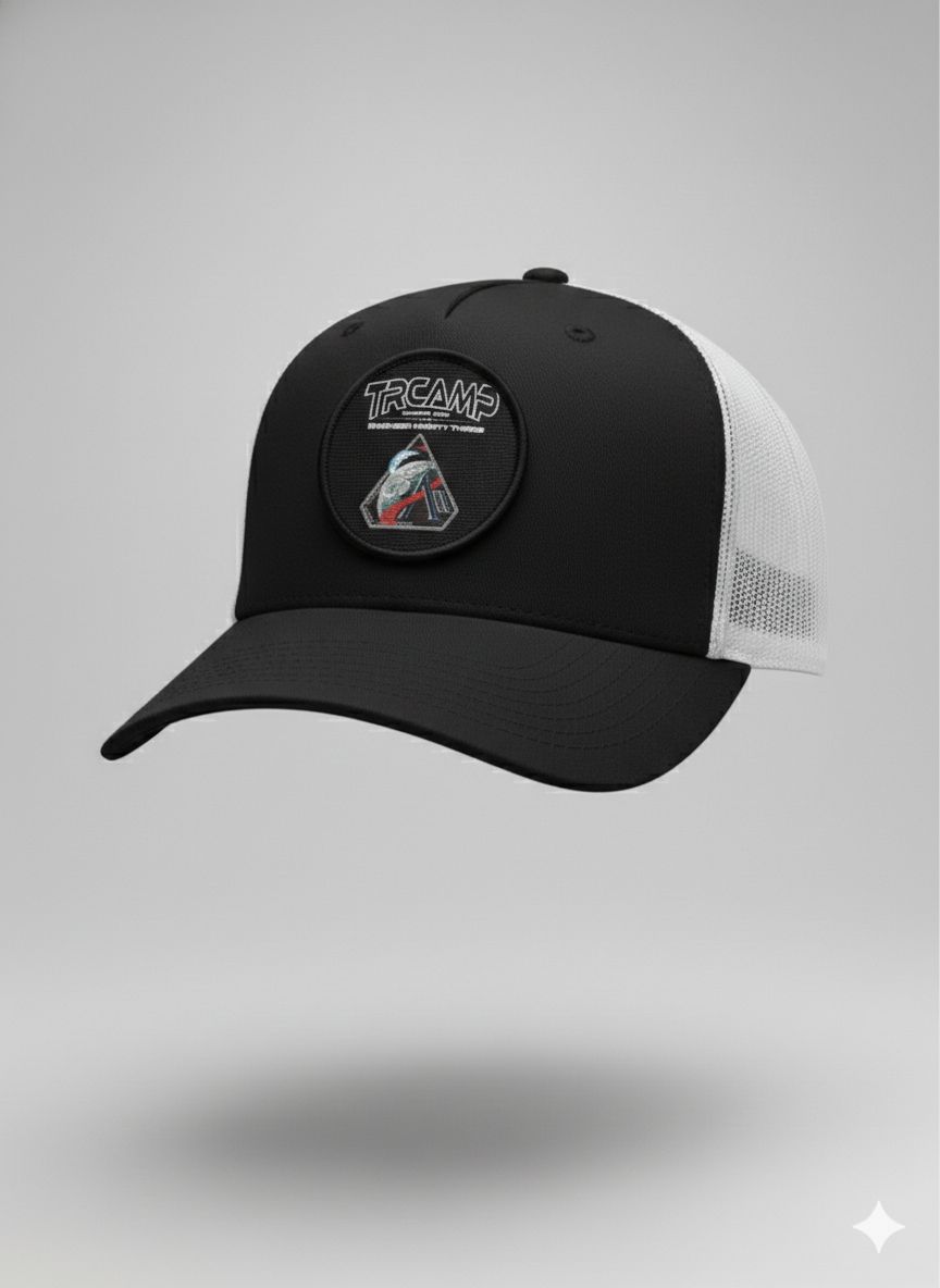 Black and white trucker hat with a patch featuring a mountain design.