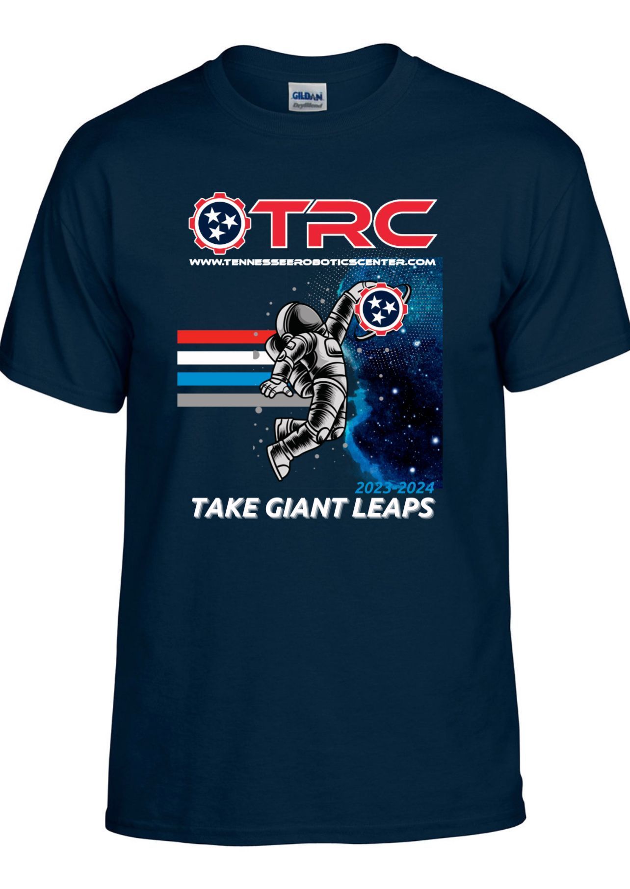 Navy blue t-shirt with TRC logo, astronaut, and text