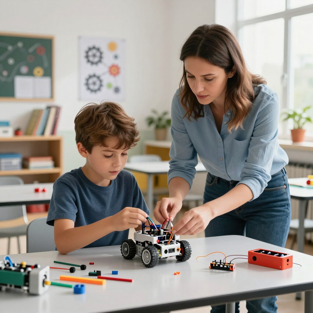 Three children looking at a 3D printer and a red object in it, inside.