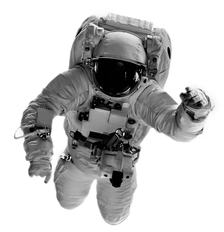 Astronaut in white spacesuit floating against a bright background, arm outstretched.