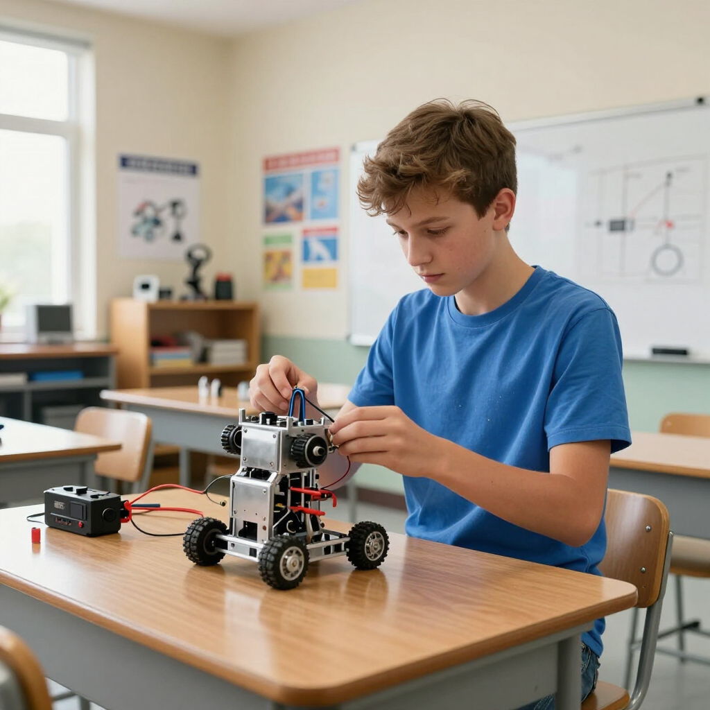 Boy in denim jacket working on a robot in a workshop.