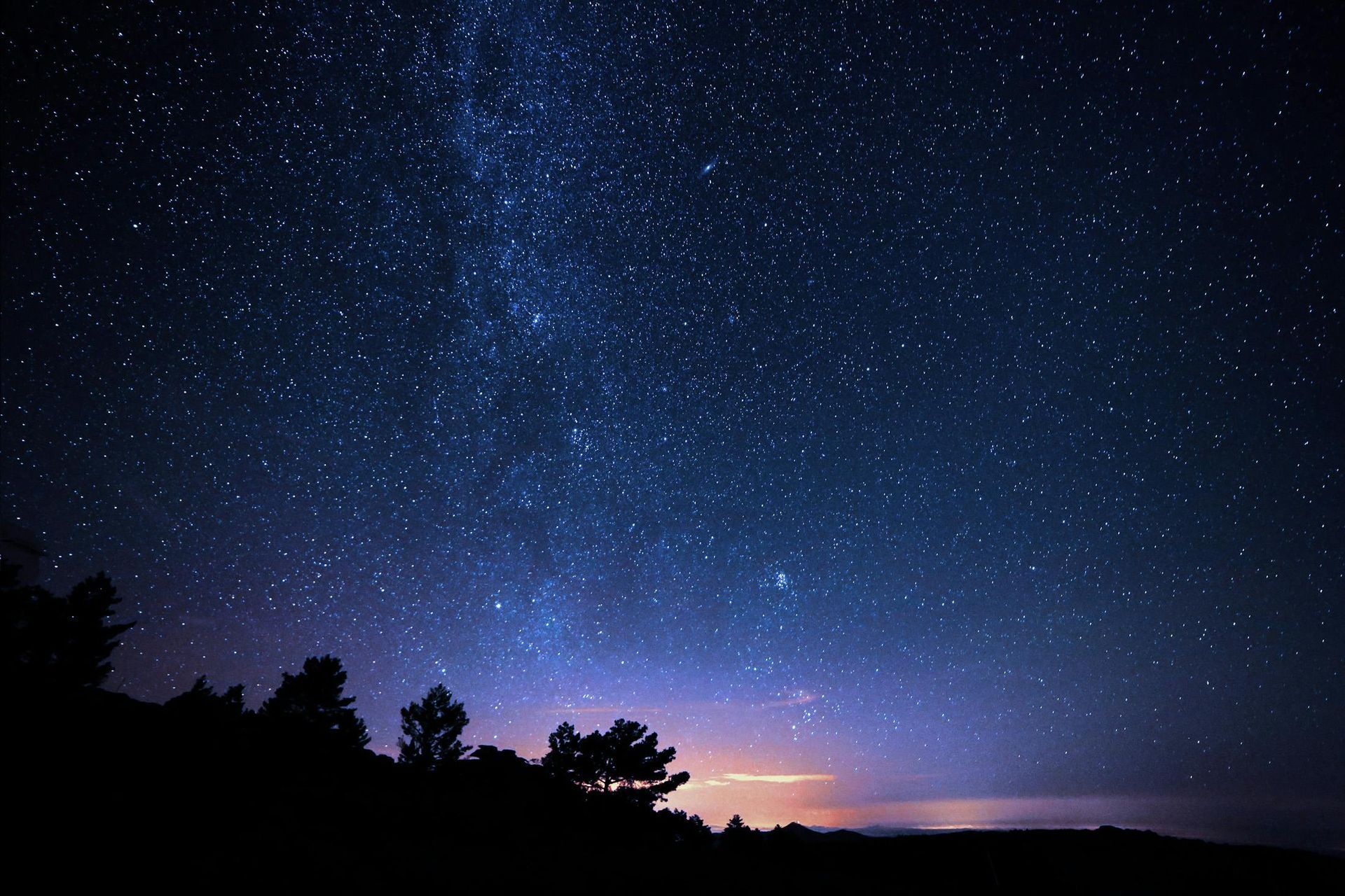 Night sky with a visible Milky Way, silhouetted trees, and a faint horizon glow.