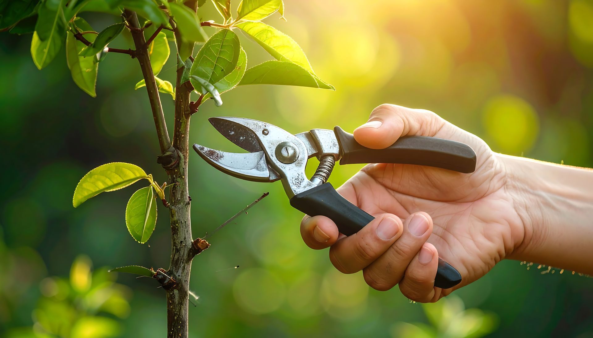 Hand pruning a small tree with garden shears in bright sunlight.