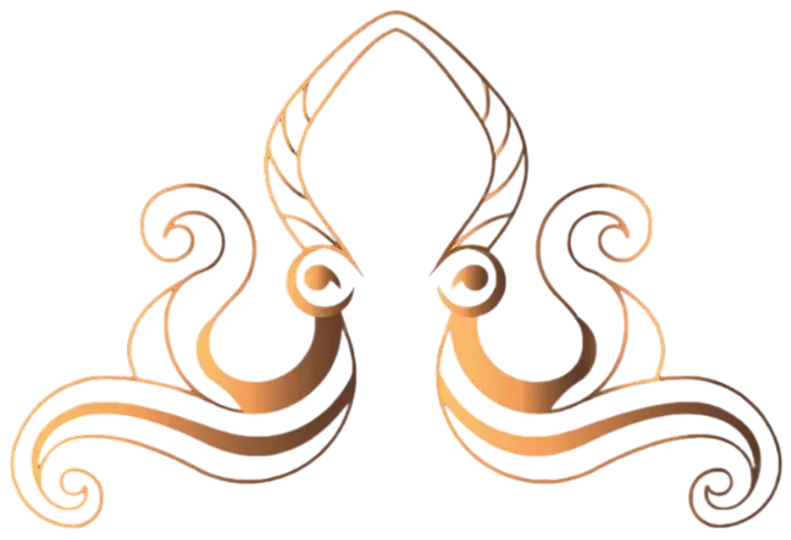 Diseño decorativo estilizado dorado de un pulpo, con líneas curvas y remolinos.