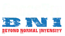 Blue and white "CrossFit BNI" logo with "Beyond Normal Intensity" in red beneath.