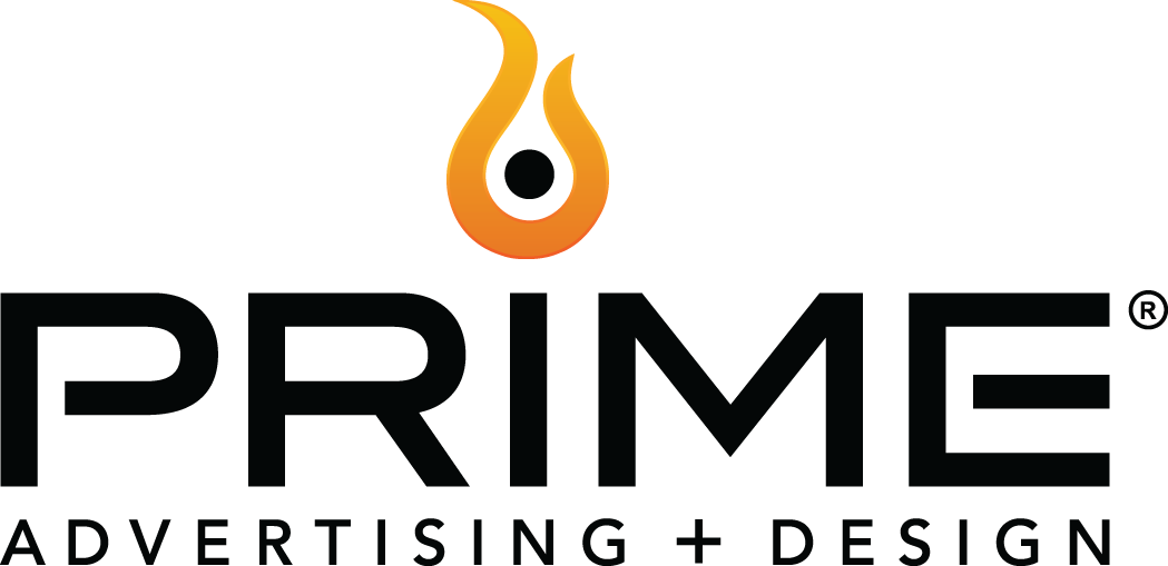 PRIME Advertising + Design logo with orange flame icon and black text on white background
