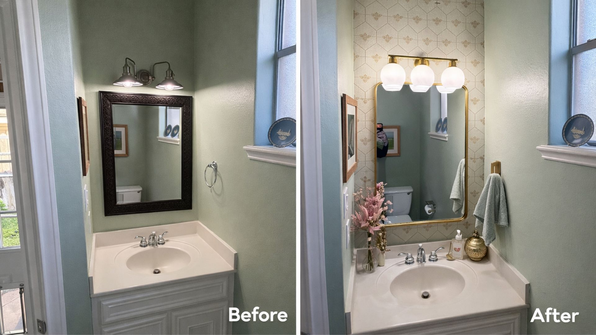 Before and after photos of a small bathroom vanity renovation featuring updated lighting, mirror, and wallpaper.