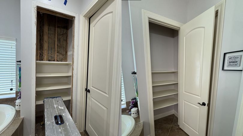 A split-screen comparison showing a bathroom closet before and after drywall repairs were completed.