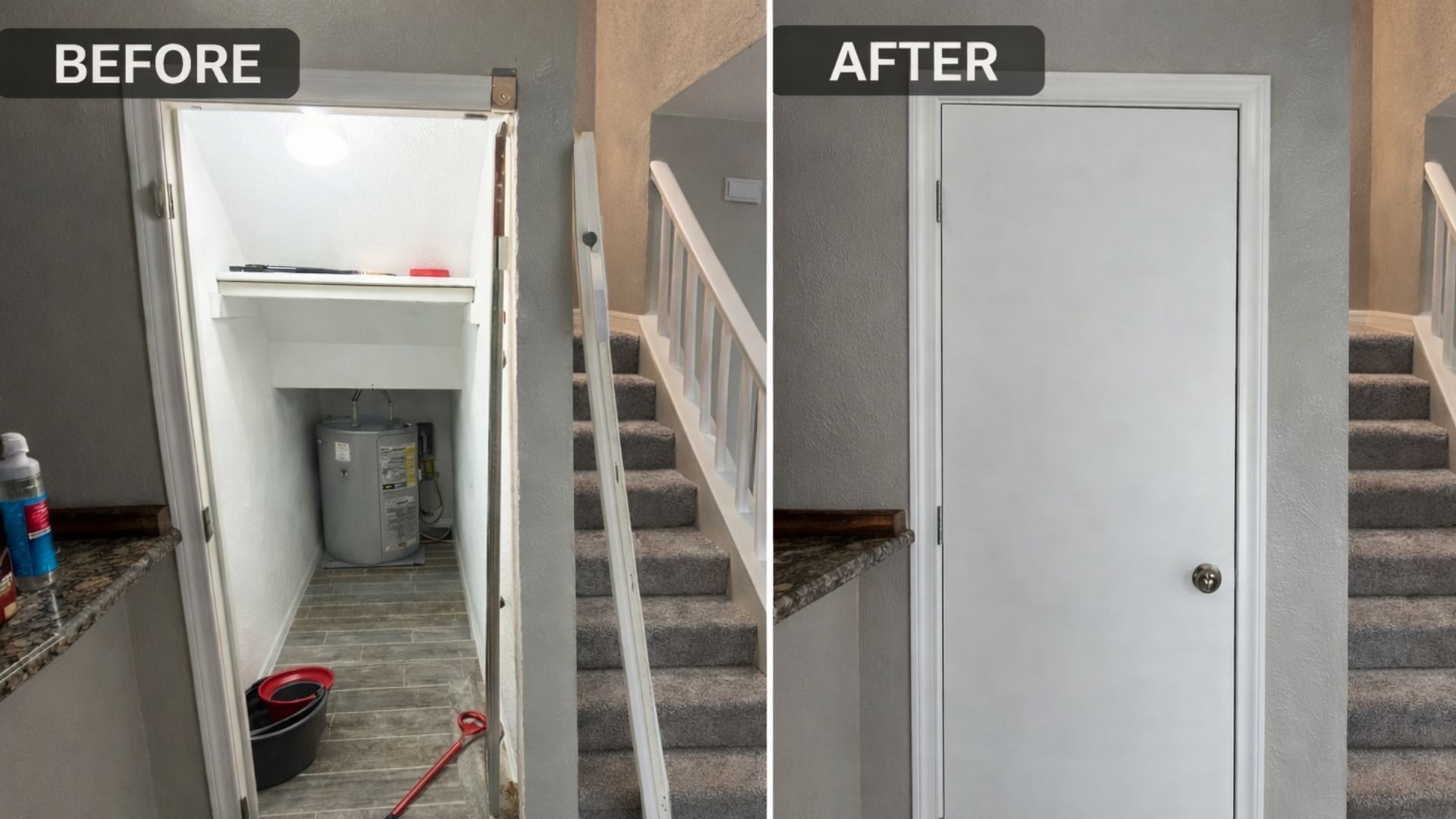 Before and after photos of an under-stairs storage space being enclosed with a new white door.