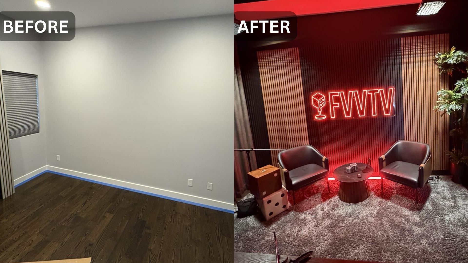 Before and after transformation of a room into a podcast studio with dark walls, neon signage, and two chairs.