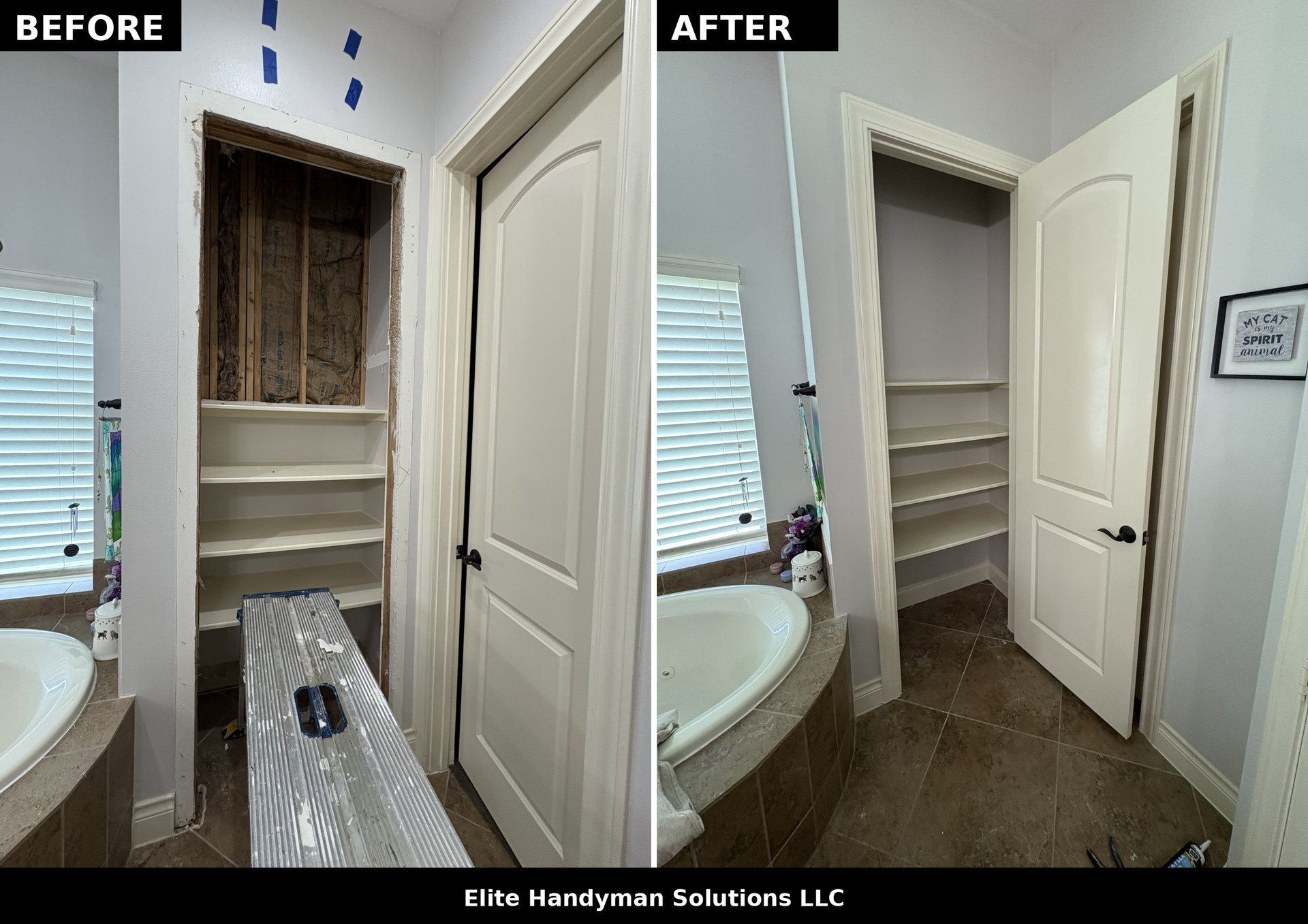 Before and after photos of a bathroom wall niche showing a storage closet being framed, drywalled, and finished.