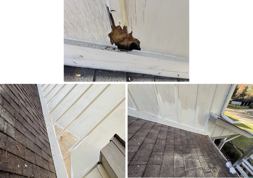 A three-part view showing wood rot at the base of light-colored siding where it meets a roofline.