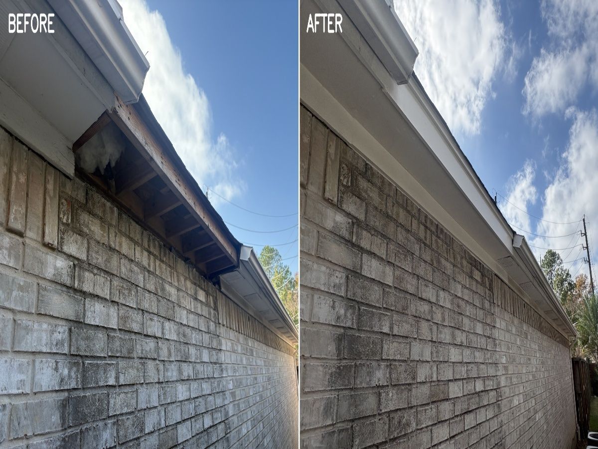 Before and after showing a brick wall with a repaired roof soffit and fascia on the right.