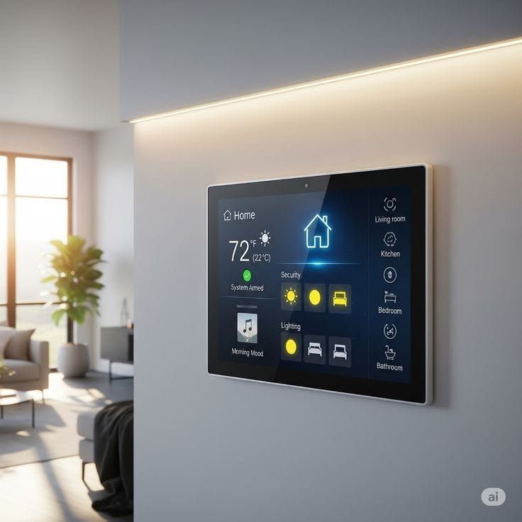 A smart home control panel mounted on a light gray wall in a modern, sunlit living room.
