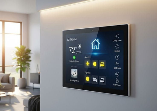 A wall-mounted smart home control screen in a modern living room showing climate, security, lighting, and music settings.