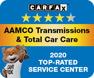 AAMCO Transmissions & Total Car Care, a CARFAX Top-Rated Service Center in 2020. Features a mascot holding a trophy.