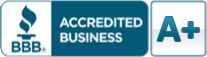 BBB Accredited Business logo, blue background, white flame, "A+" rating.